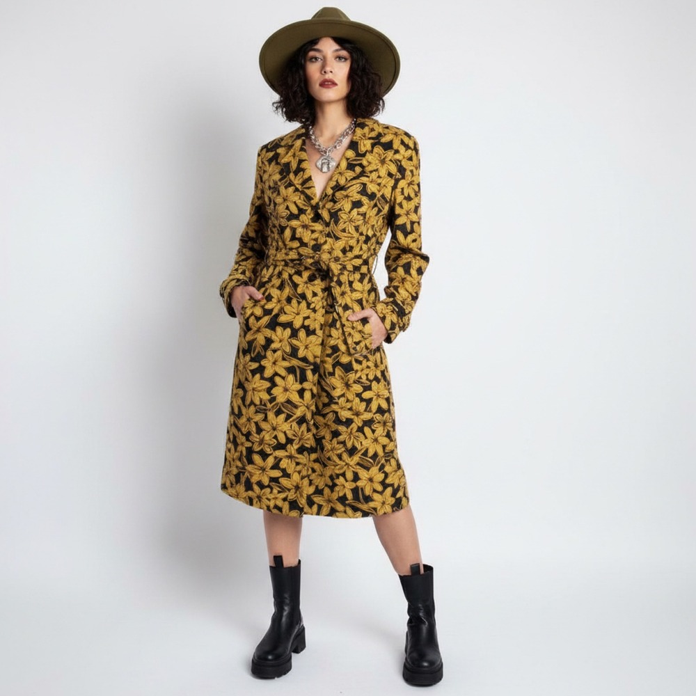 VTG Kasper Mustard Yellow Floral Linen Blend‎ Trench Coat Belted Size 4